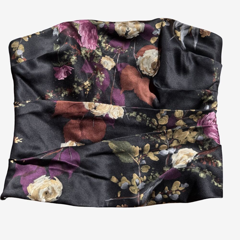 Kay Unger NY Vintage Silk Strapless Bustier Top Black Floral Rose Print Sz 8